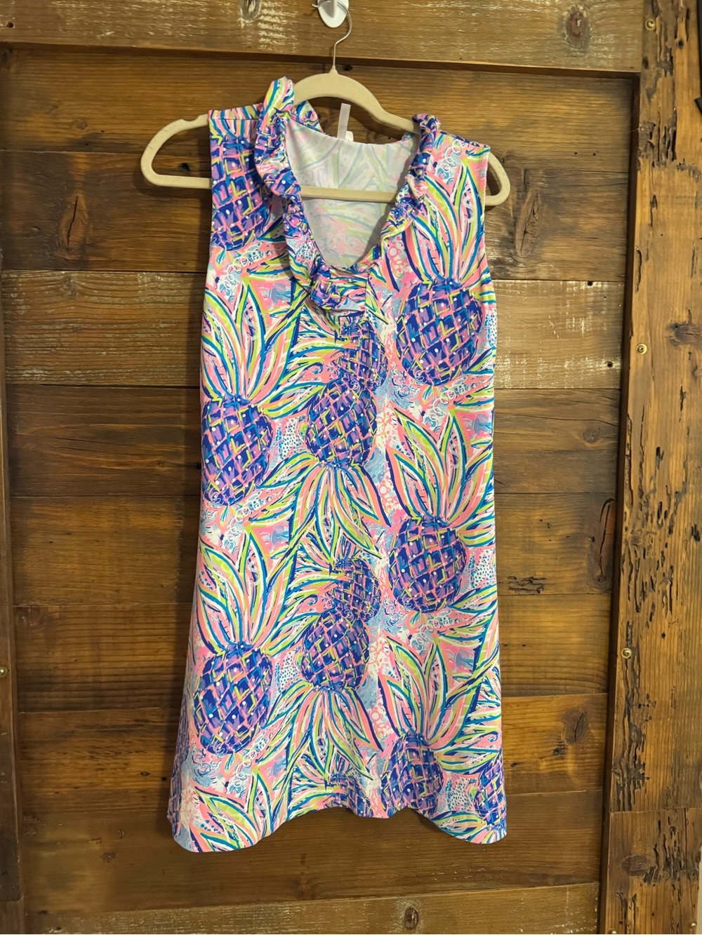 Lulu B- Pink Tropical Pineapple Ruffle-Trim Dress